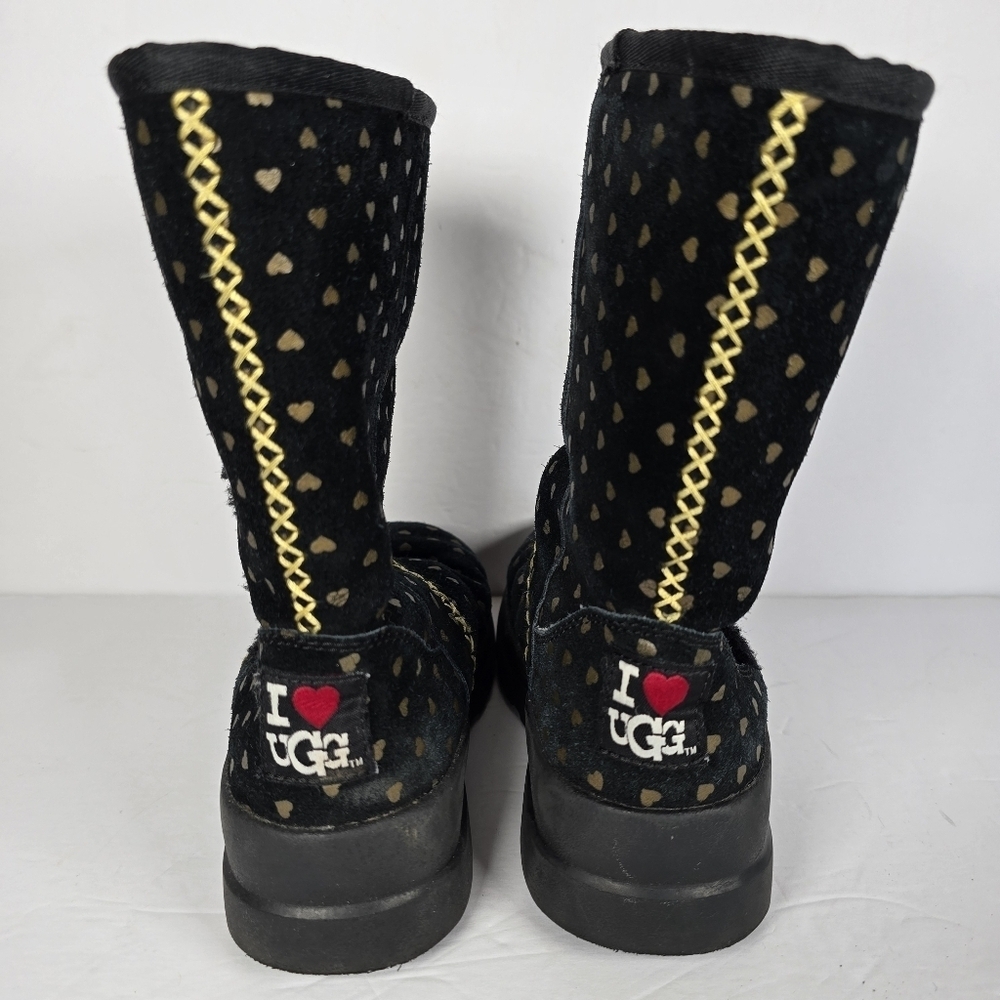 UGG I Heart Girls Black Suede Boots With Gold Hearts/Gold Rope Detail Size 3 - Picture 2 of 14